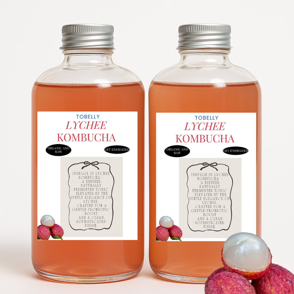 

Minuman Sehat Kombucha Lychee 100% Natural Probiotik Siap Minum 450ml – Rasa Lychee | Probiotik Sehat Tobelly