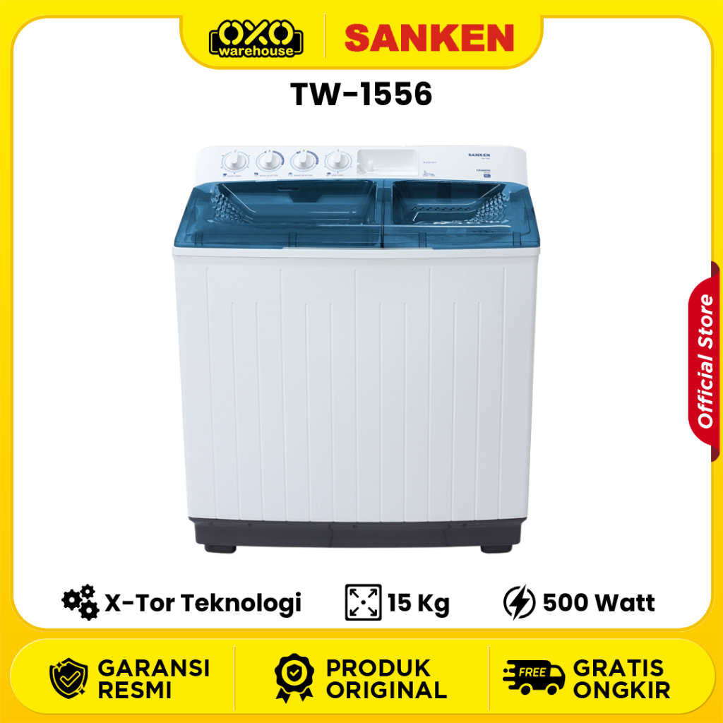 SANKEN Mesin Cuci TW-1556 2 Tabung Kapasitas 15 Kg X-Tor Teknologi Low Watt Garansi Resmi