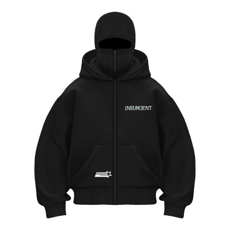 Paradox Streetwear Balaclava Jaket Ninja Sweater Hoodie Cotton Plecce Zipper Unisex Insurgent Hitam 