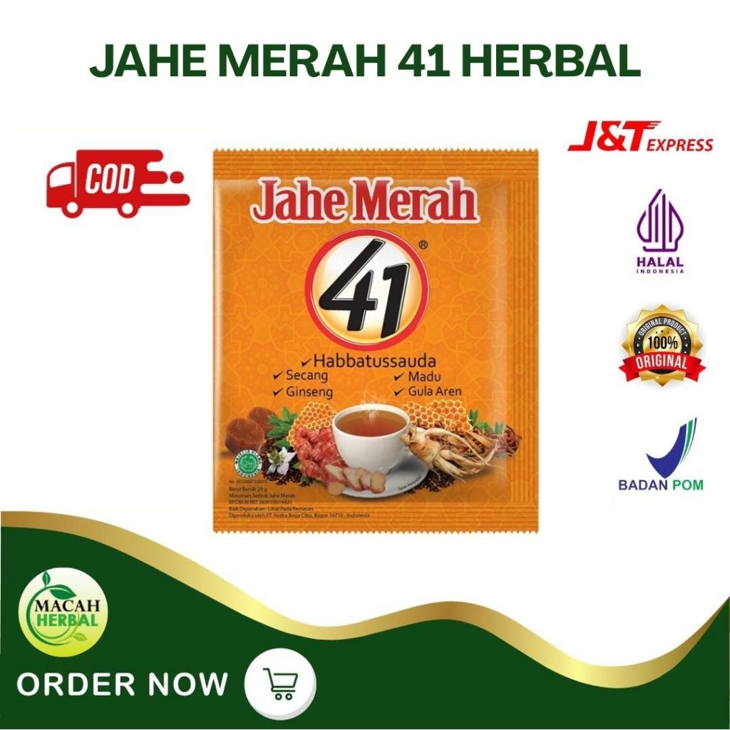 

MACAH HERBAL - JAHE MERAH 41 HERBAL PLUS HABBATUSAUDA - MINUMAN JAHE MERAH ISI 10 SACHET