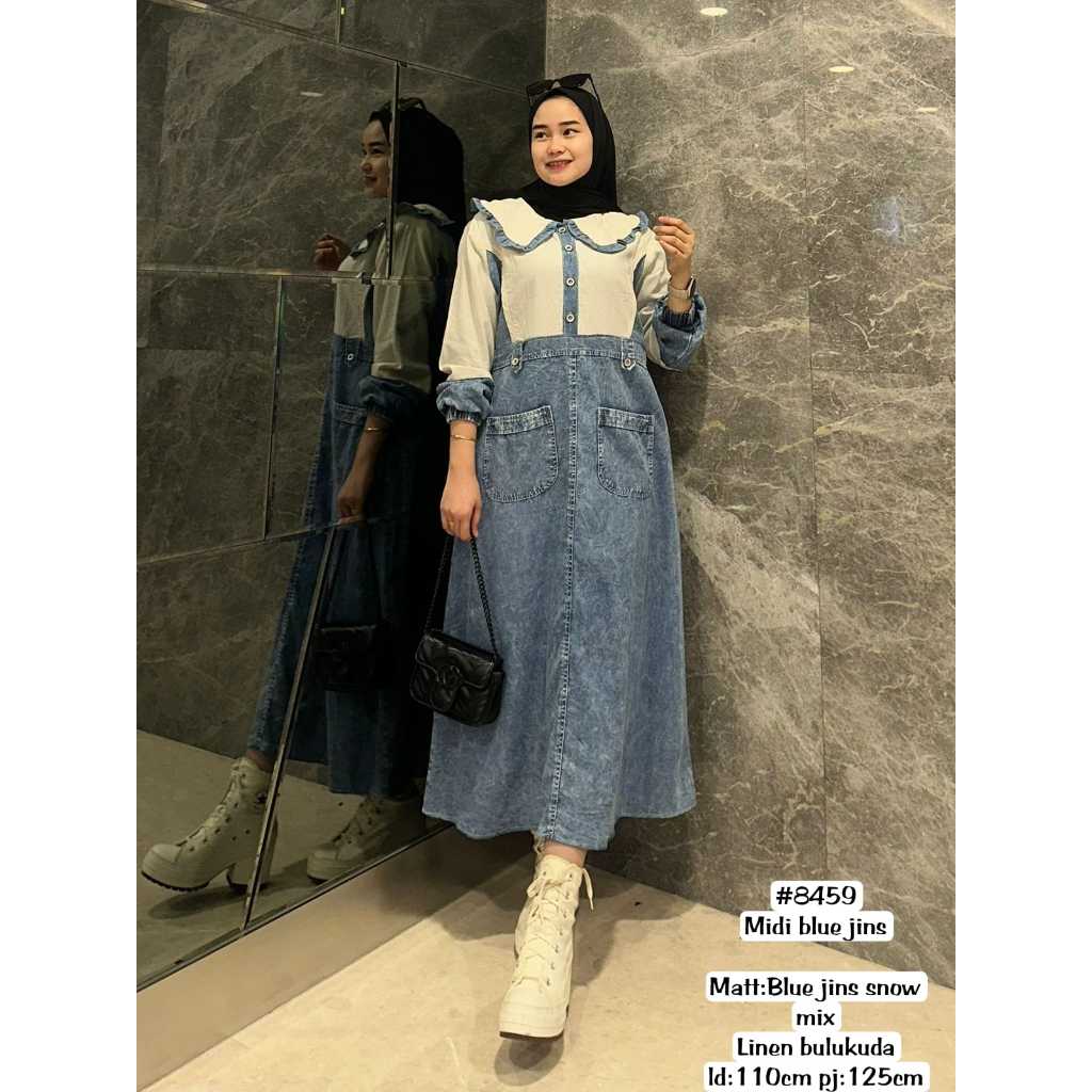 Midi Dress Denim Blue Jeans Snow & Linen – Gaya Manis Kasual Hijab Friendly