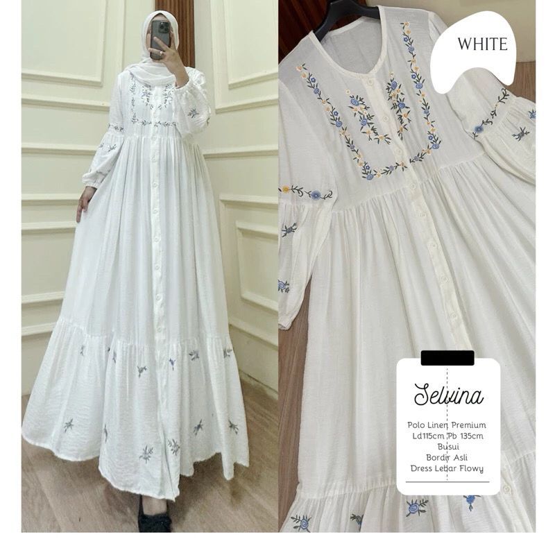 Selvina Dress Midi Wanita Remaja Terbaru/Dress Linen Aplikasi Bordir/Midi Dress Wanita Dewasa Simple