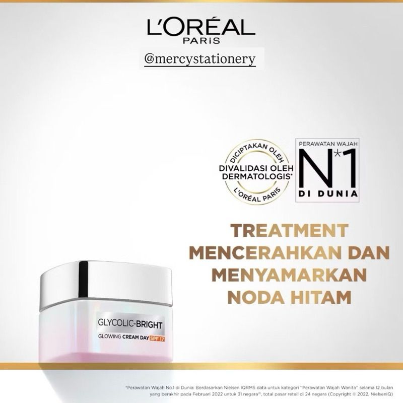 Krim Siang Loreal Paris Glycolic Bright Glowing Day Cream Pelembab SPF17 Glyco Acid AHA Exfoliating 