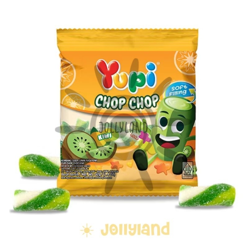 

Yupi Chop Chop Kiwi Gummy Permen Lunak Anak Extra Fruit Juice Rasa Kiwi 42g