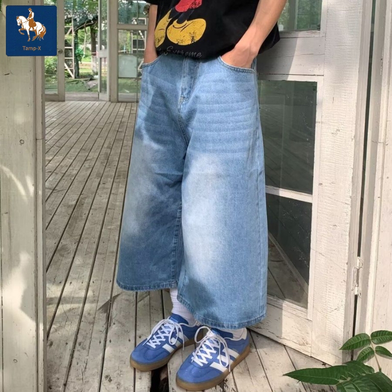 Tamp-X Oversize Celana Pendek Pria Casual Distro Jeans Jumbo Celana Pendek 7/8 Baggy Biru Muda Kulot