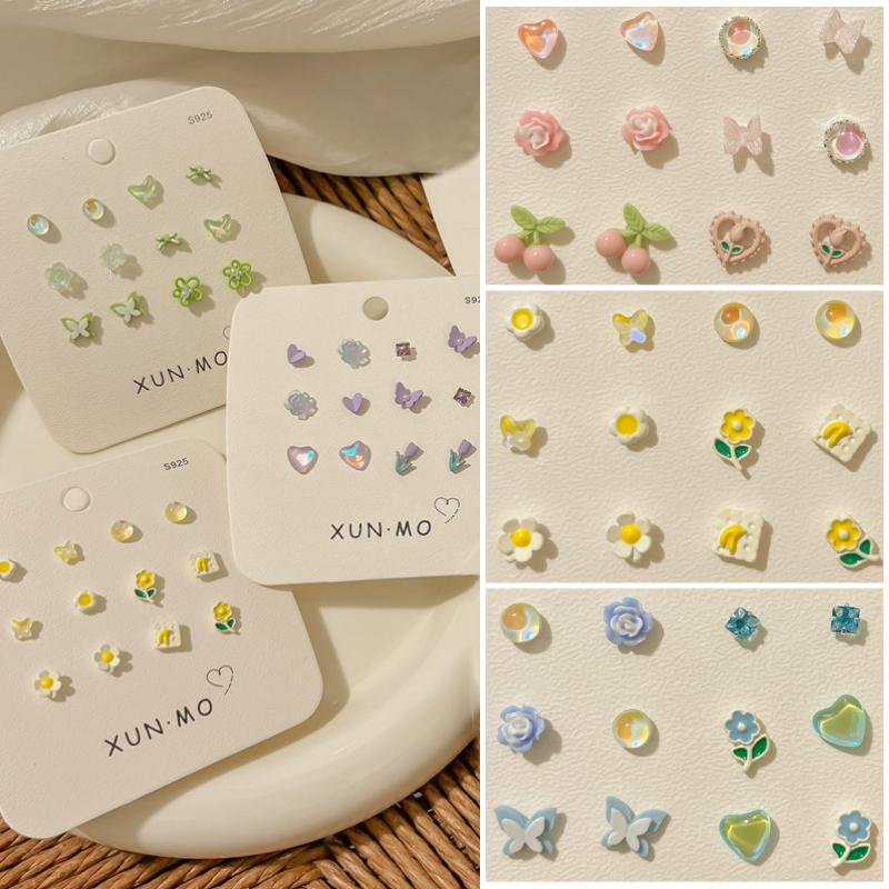 Anting Set 6 Pasang Anting Tusuk Kecil Imut Set Pendengar Kecil, Segar Dan Lucu