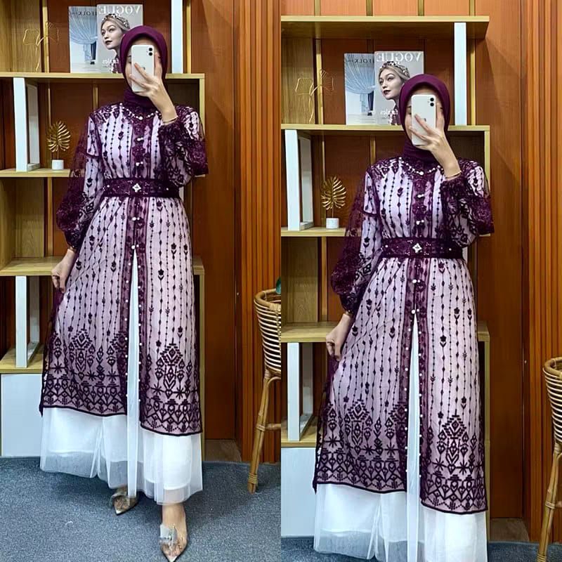 Azzura Outer Gamis Brokat Payet Kondangan Lebaran Terbaru Cardigan Dress brukat Kekinian Motif RANDO