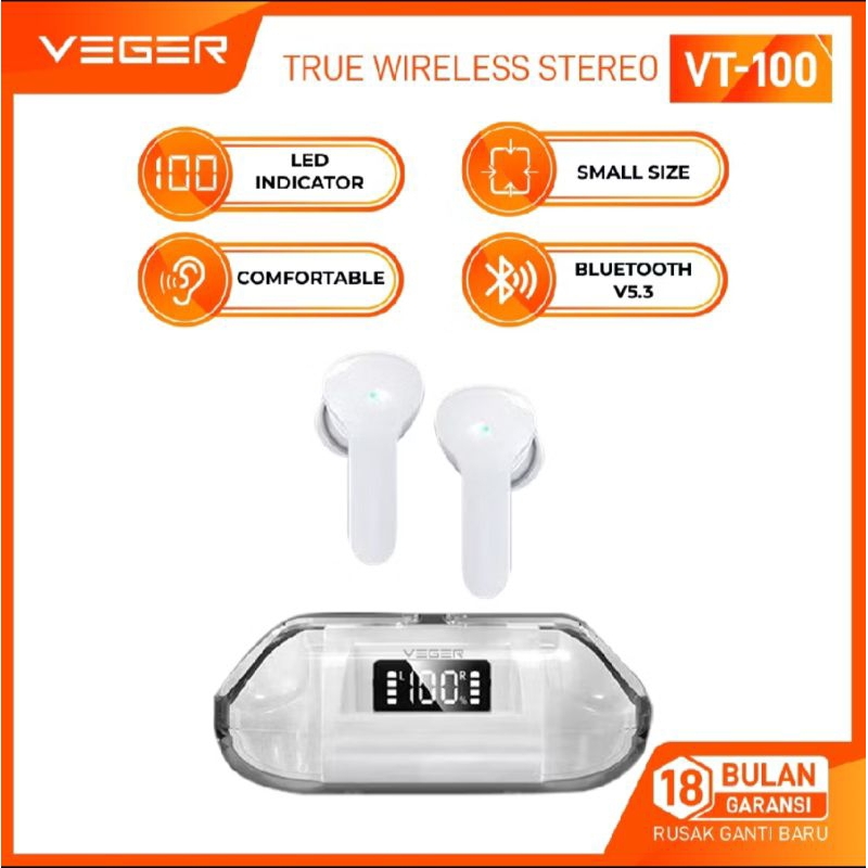 TWS /Wirelless earphone bluetooth 5.3 VEGER Supermini transparan VT-100