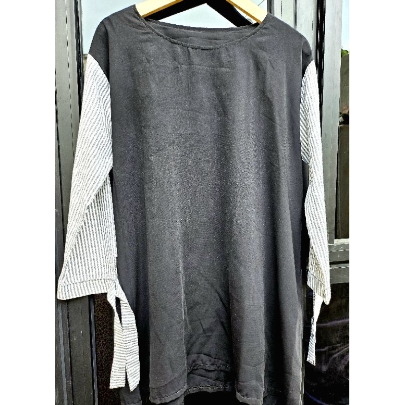 Tunik Blouse Hitam Babydoll Mix Salur Katun Tali