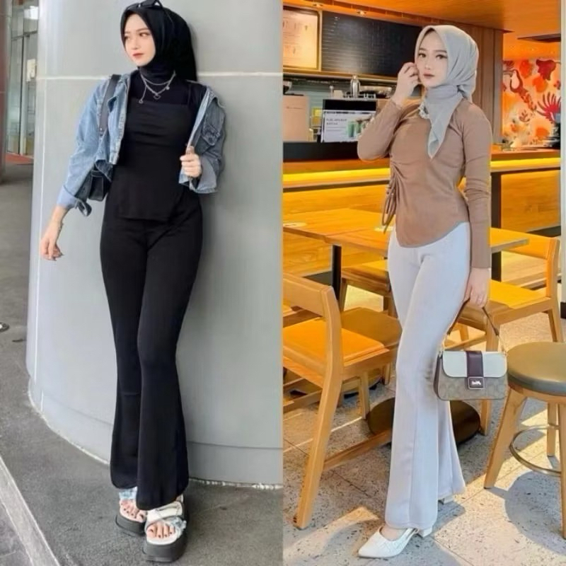 NEW Celana Fit And Flare Pants Cutbray Scuba Pinggang Highwaist Bahan Stretch Melar Elastis Kulot Cu