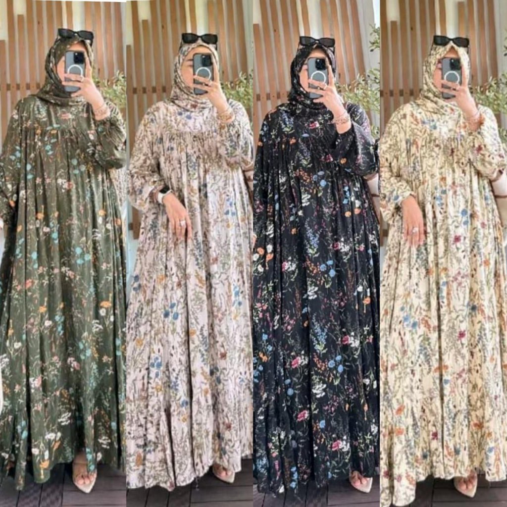 Gamis Bunga Lengan Panjang Sudah Termasuk Hijab Syari Terbaru Gamis Wanita Muslim Set Hijab Kekinian