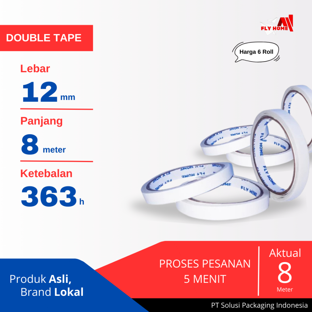 

FLYHOME Double tape 12mm x 8meter 12 roll hotmel ukuran full