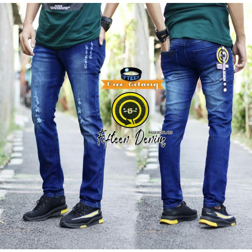 FIFTEEN DENIM TERLARIS - CELANA JEANS PRIA RIPPED / Jeans Sobek Lutut Pria Denim / Celana Jeans Pria