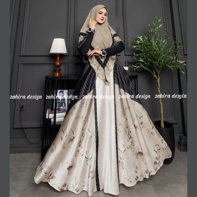[667] Gamis Dress Muslim Syari Set Khimar Oval dengan Motif Digital Printing Berbahan Silk dada jers