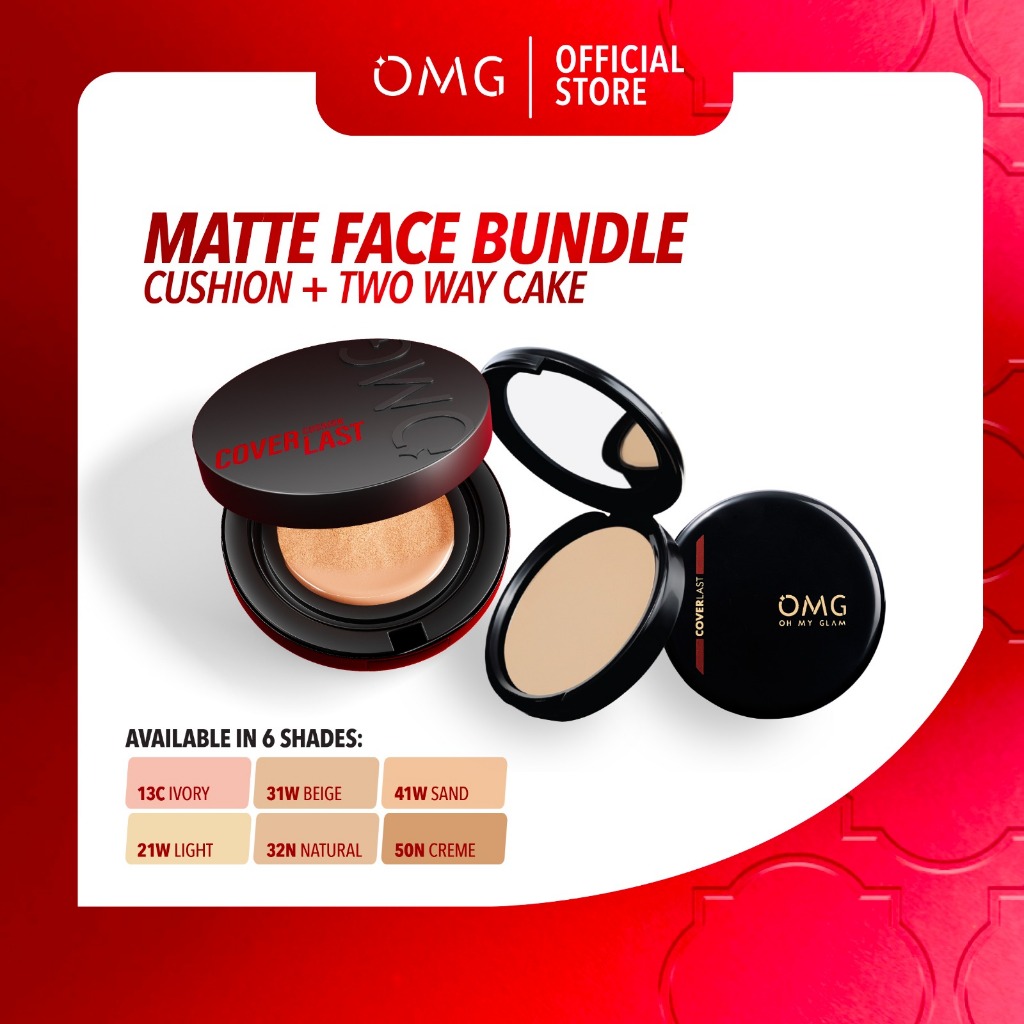 OMG Oh My Glam Glow Matte Face Bundle : Oh My Glam Coverlast Cushion + Two Way Cake - High Coverage 