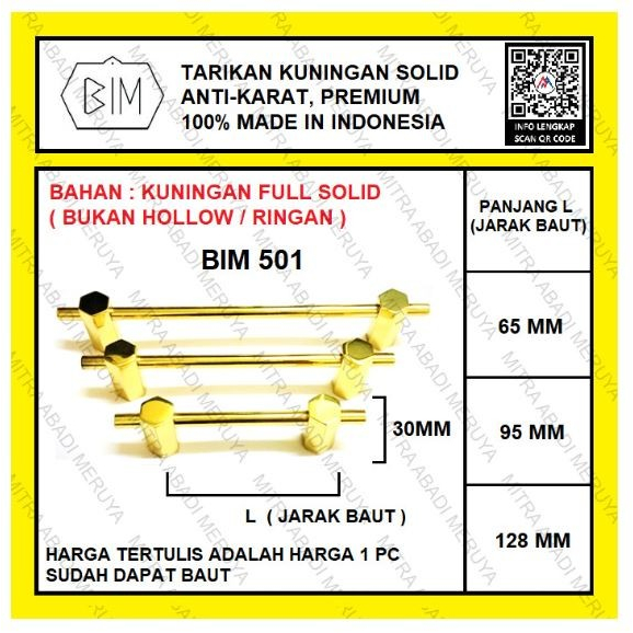 Tarikan Lemari Tarikan Laci Handle Gagang Lemari Gold Kuningan BIM 501TARIKAN KNOB, BAHAN 100% KUNIN