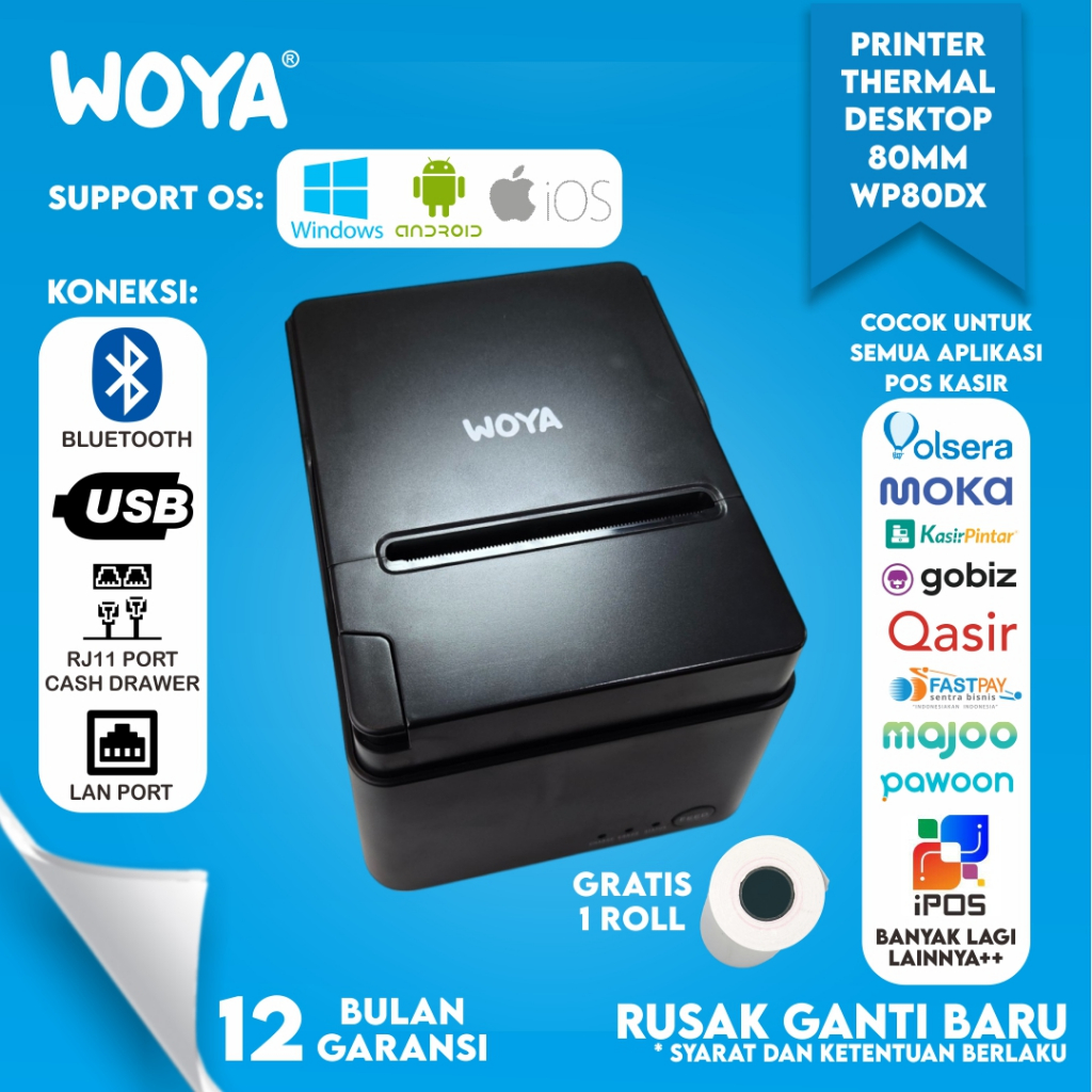 WOYA Printer Thermal Kasir 80mm Auto Cutter USB Bluetooth LAN