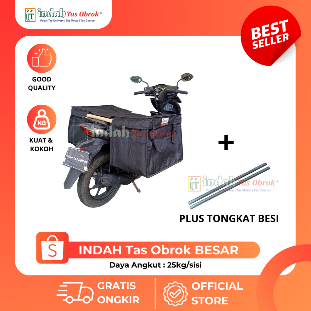 INDAH Tas Obrok - [PAKET HEMAT] Tas Motor Delivery Besar Hitam Kuat + Tongkat Besi