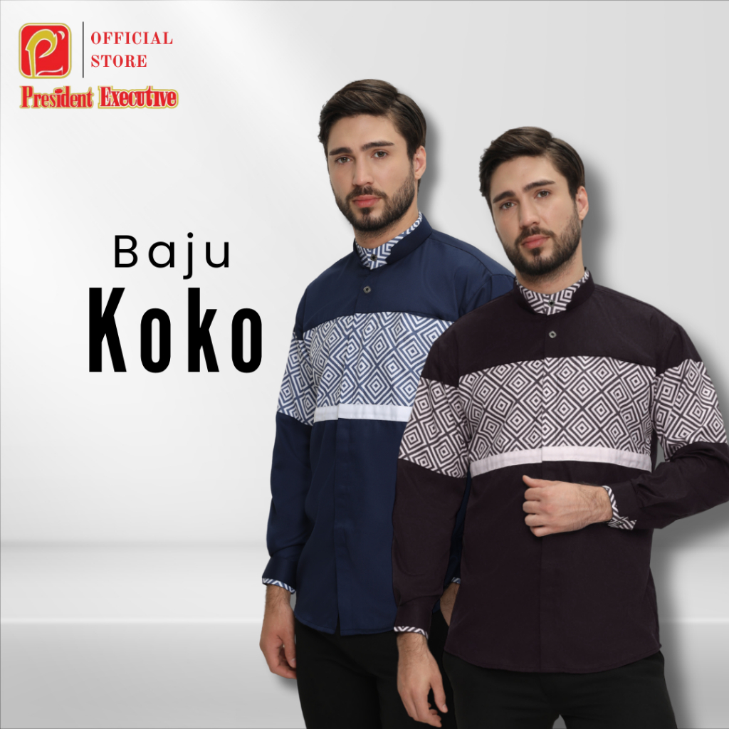 President Executive - Kemko Lengan Panjang Baju Koko Pria Dewasa Motif Kombinasi Hitam Putih Alatas