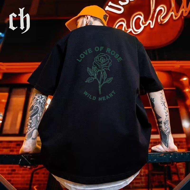 Kaos Pola mawar hijau dan desain cetak "CINTA MAWAR" "HATI LIAR" Unisex katun bernapas 100% warna so