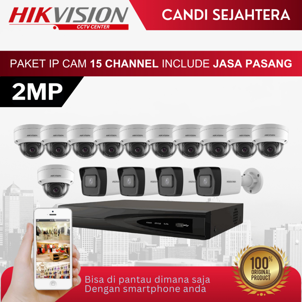PAKET CCTV IP CAM HIKVISION 2MP 15 KAMERA + INSTALASI & ONLINE DI HP