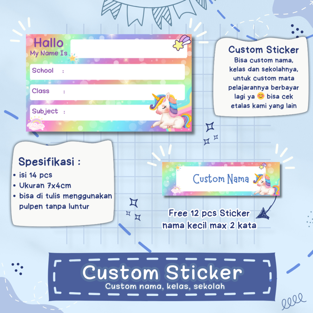 

Sticker Custom Nama Label Mata Pelajaran Sekolah Unicorn Edition