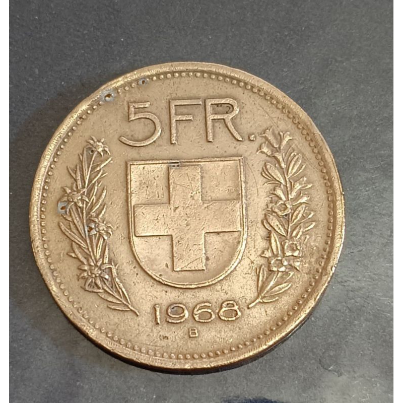 koin Swiss 5 francs tahun 1968..