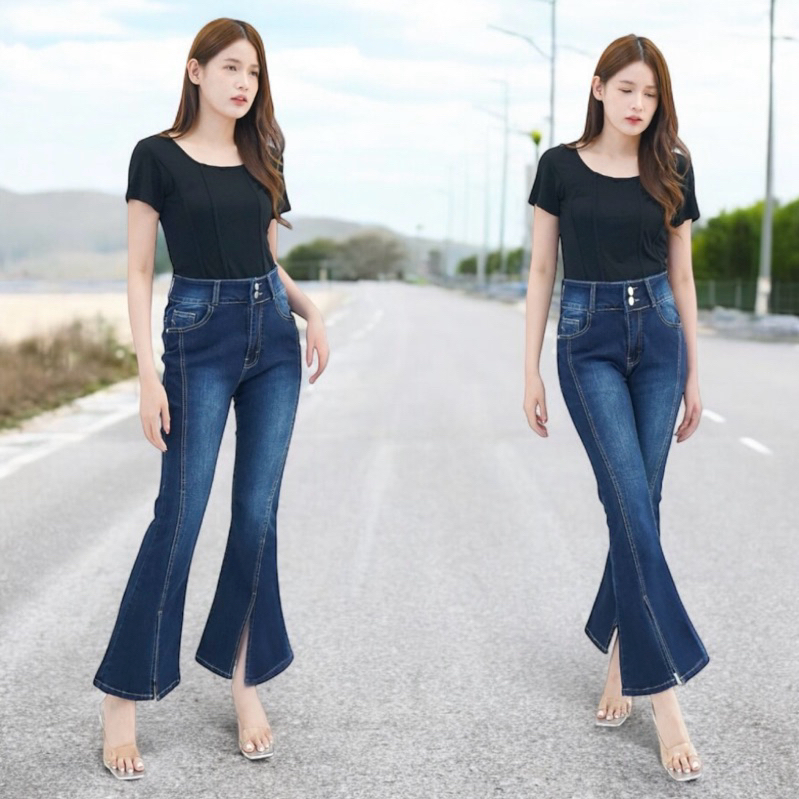 SJ - HW Cutbray jeans belah / stretch tulang belah