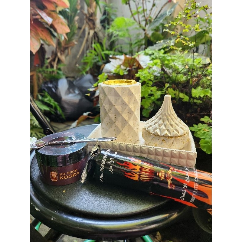 Paket Siap Bakar Bukhur / Bakhoor / Oud / terdiri dari Mabkhara / Perapen, Dupa Joy Odor, Arang, Sen