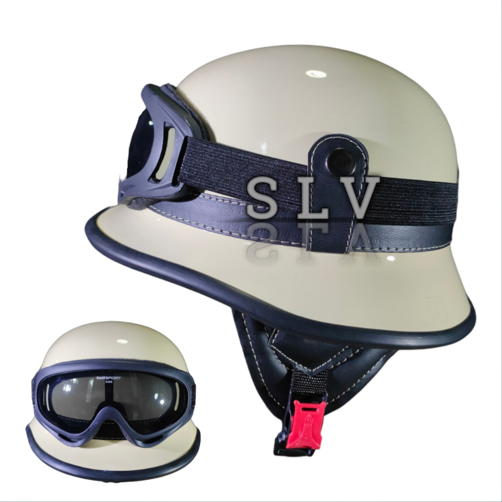 Helm Retro Club Milenial Nazi Cat Kuning/Krem/Putih/Hitam/Biru/Merah Glossy + Kacamata Goggles Ski