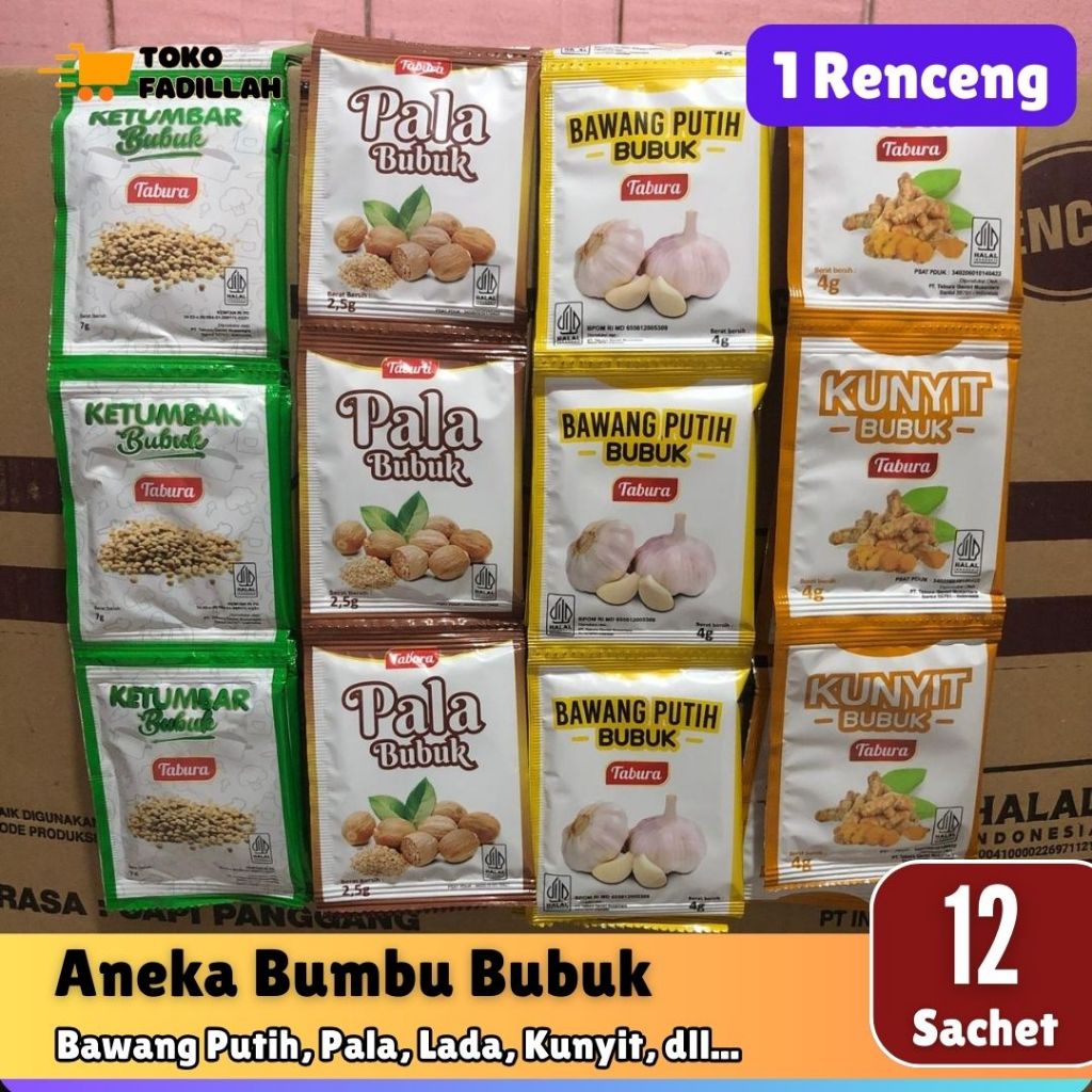 

Bawang Putih, Pala, Ketumbar, Lada - Tabura Aneka Bumbu Bubuk Renceng isi 12 sachet
