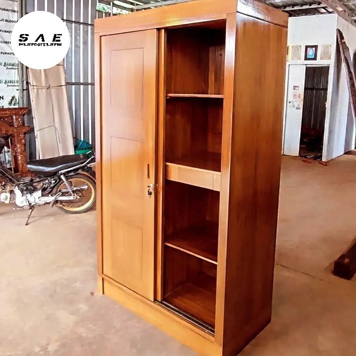 lemari pakain 2 pintu sleding geser minimalis modern kayu jati