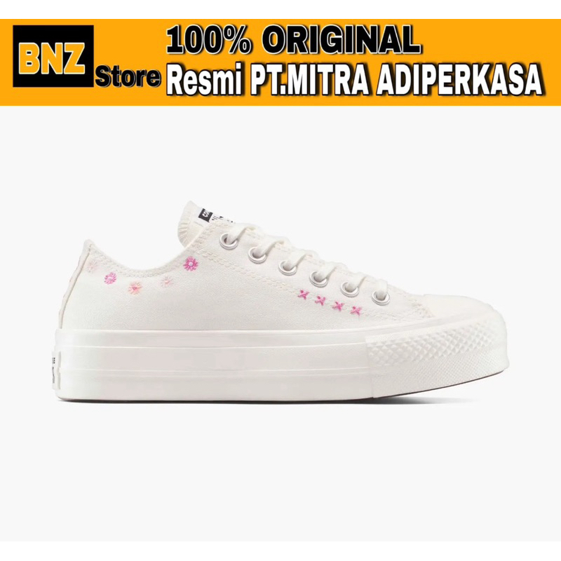 Sepatu Sneakers Wanita Converse CTAS Lift Platform Ox Embroidered Flowers Vintage White