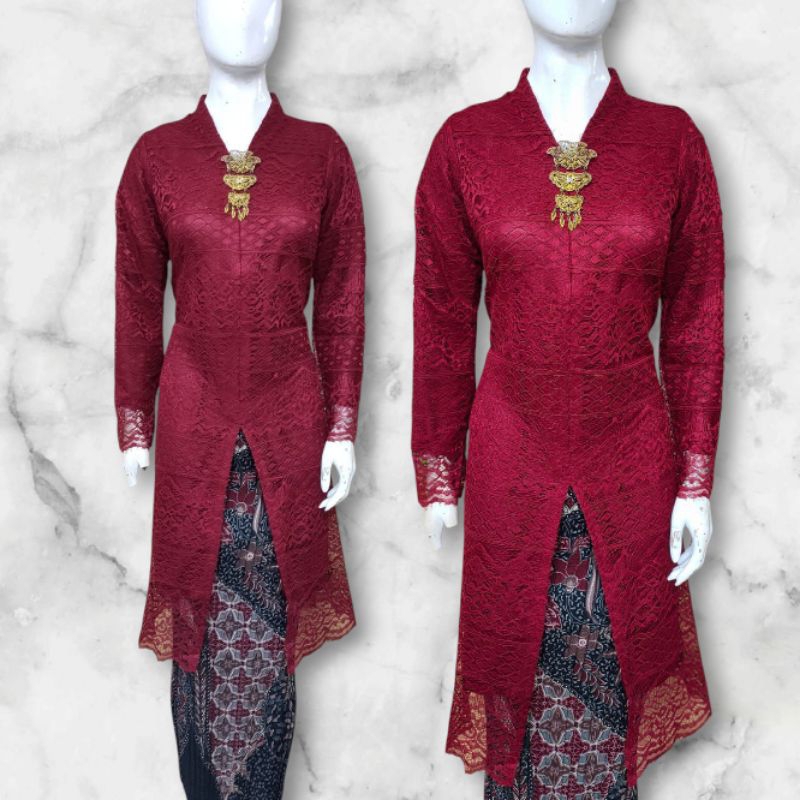 Setelan Kebaya tunik Brokat busui resleting depan model kerah V Jumbo Ld 120cm mix rok plisket batik