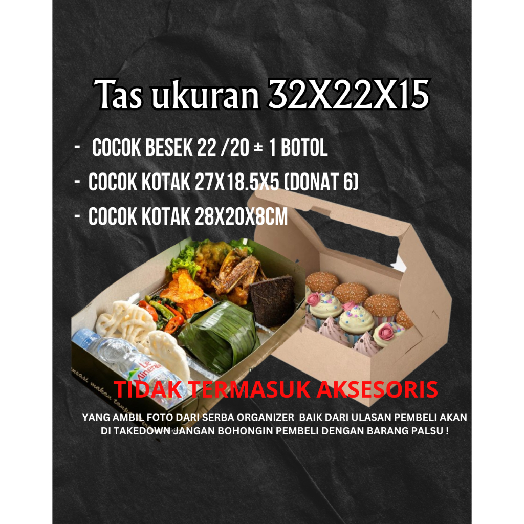 

Tas Ukuran 32X22X15 Cocok Besek 22/20 + BOTOL / Tas Kardus Cup cake Box isi 12 Uk. 25x34 Tas Bening