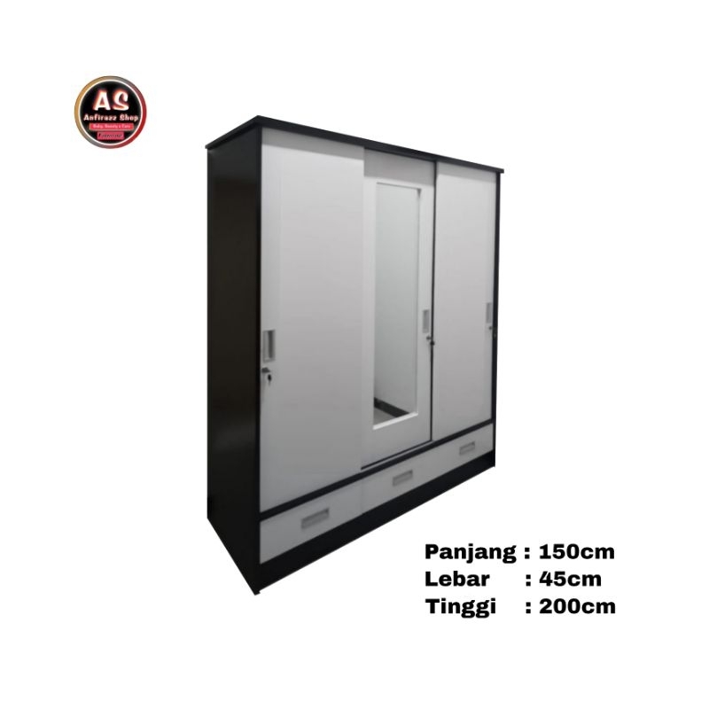 Lemari Pakaian Tiga Pintu Sliding Bahan Triplek Enam Mili Dengan Rangka Blockboard Finishing Cat Duk
