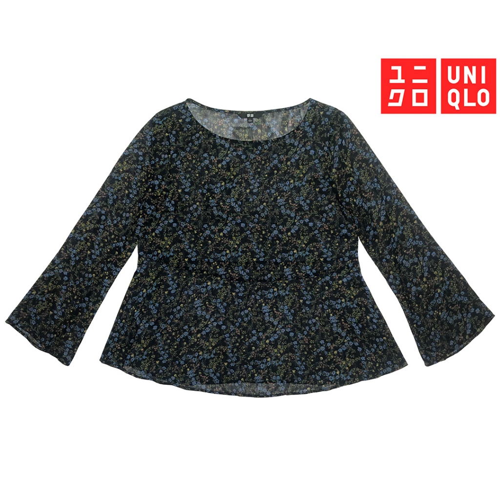 Uniqlo (Preloved) Blouse Sifon Lengan Panjang Floral Hitam