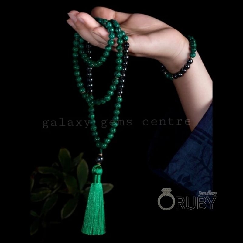 Tasbih 108 Kalung Japamala Green Malachite X Hematite