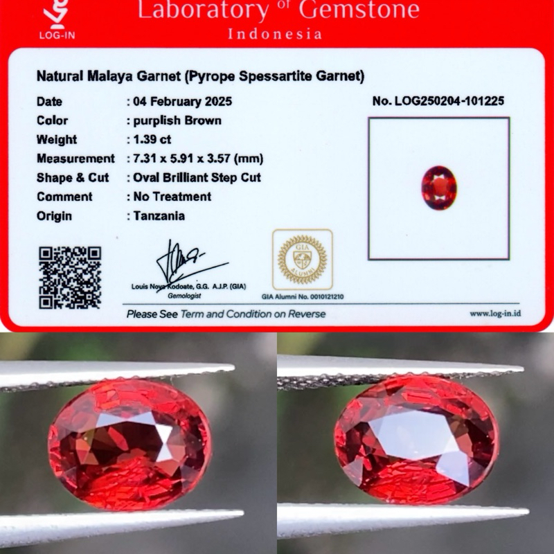 1,39 cts Malaya Garnet origin Tanzania 100% Natural No Treatment Memo LOGIN