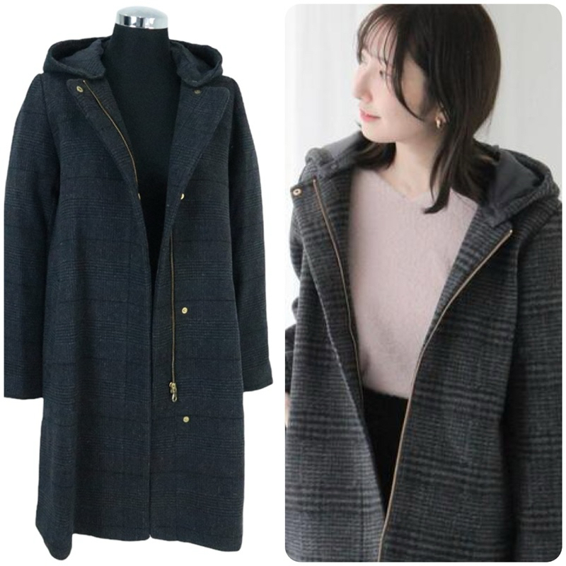 Women premium hooded plaid coat in grey brand Global work