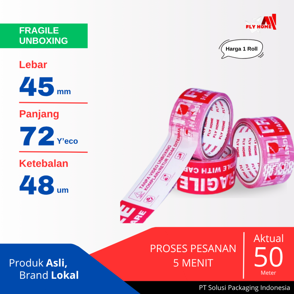 

FLYHOME Lakban Fragile unboxing merah 72yard 2inci 45x72 yard printing segel vidio unboxing