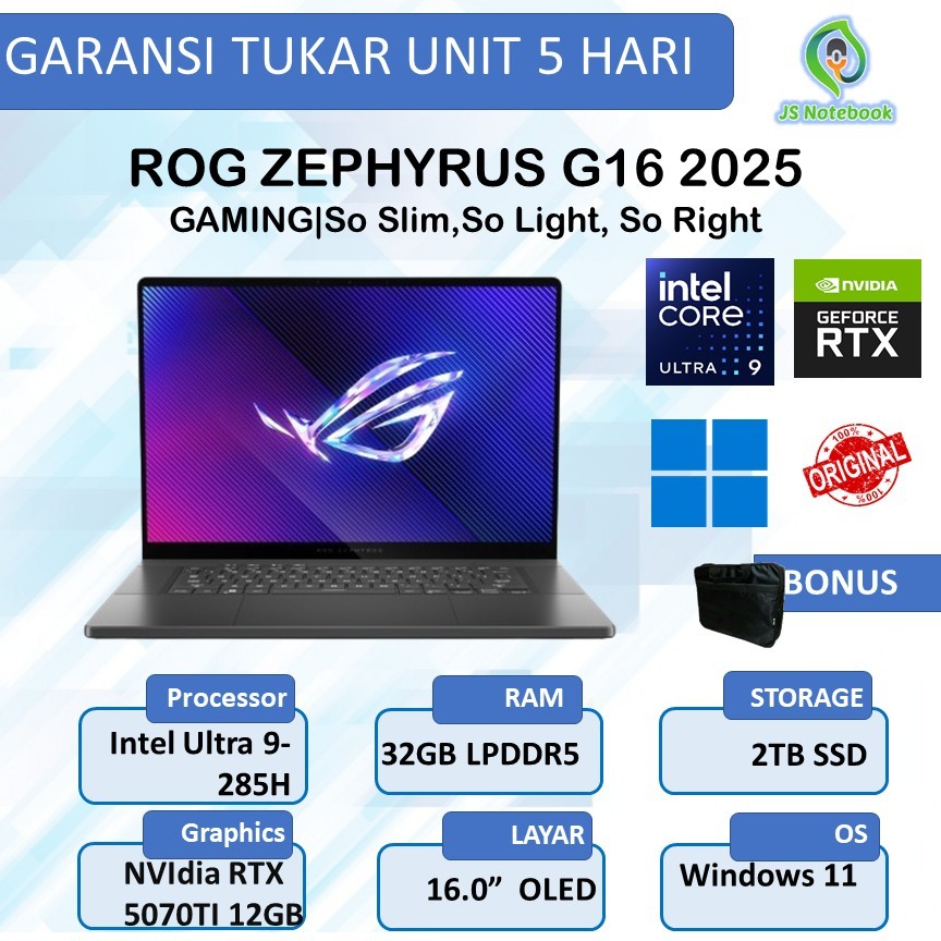 ASUS ROG ZEPHYRUS G16 2025 GU605CR ULTRA 9 285H RTX5070TI 12GB/ 32GB 2TB W11+OHS+M365B 16.0WUXGA 165