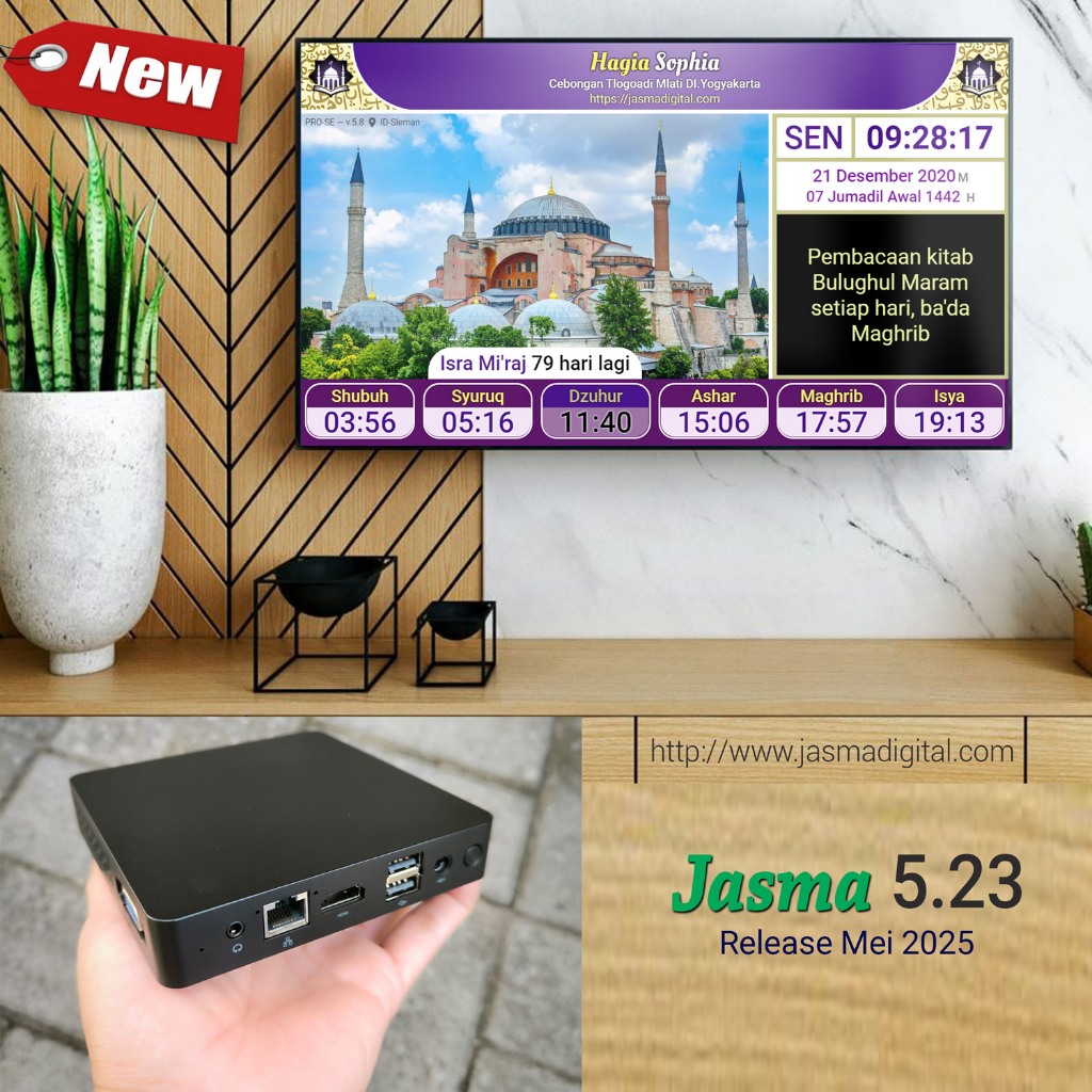 Jam masjid jasma model baru menggunakan TV + papan informasi + auto tartil