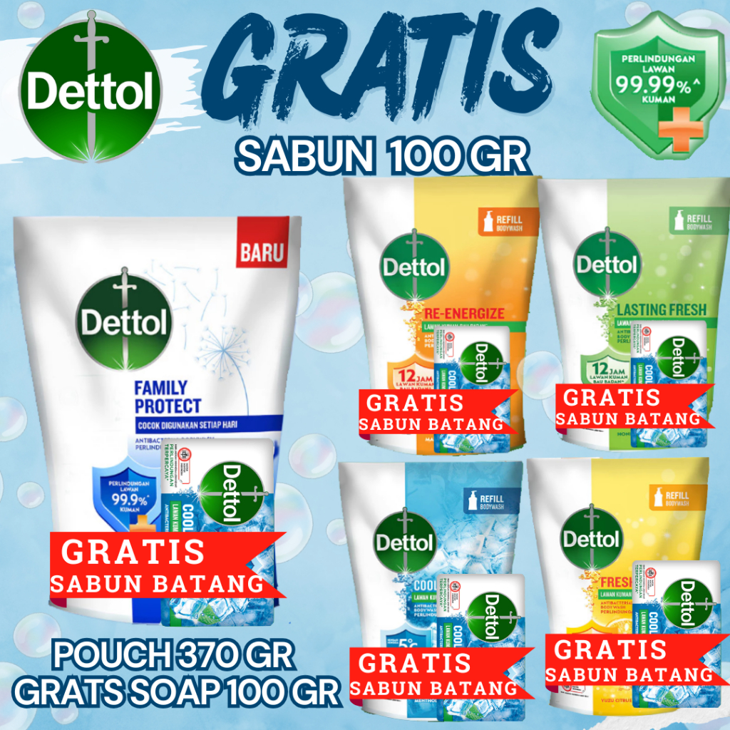 Bundling Dettol Sabun Mandi Cair Anti Bakteri Cool / Ori / Lasting Fresh 370ml Gratis Refill 200ml