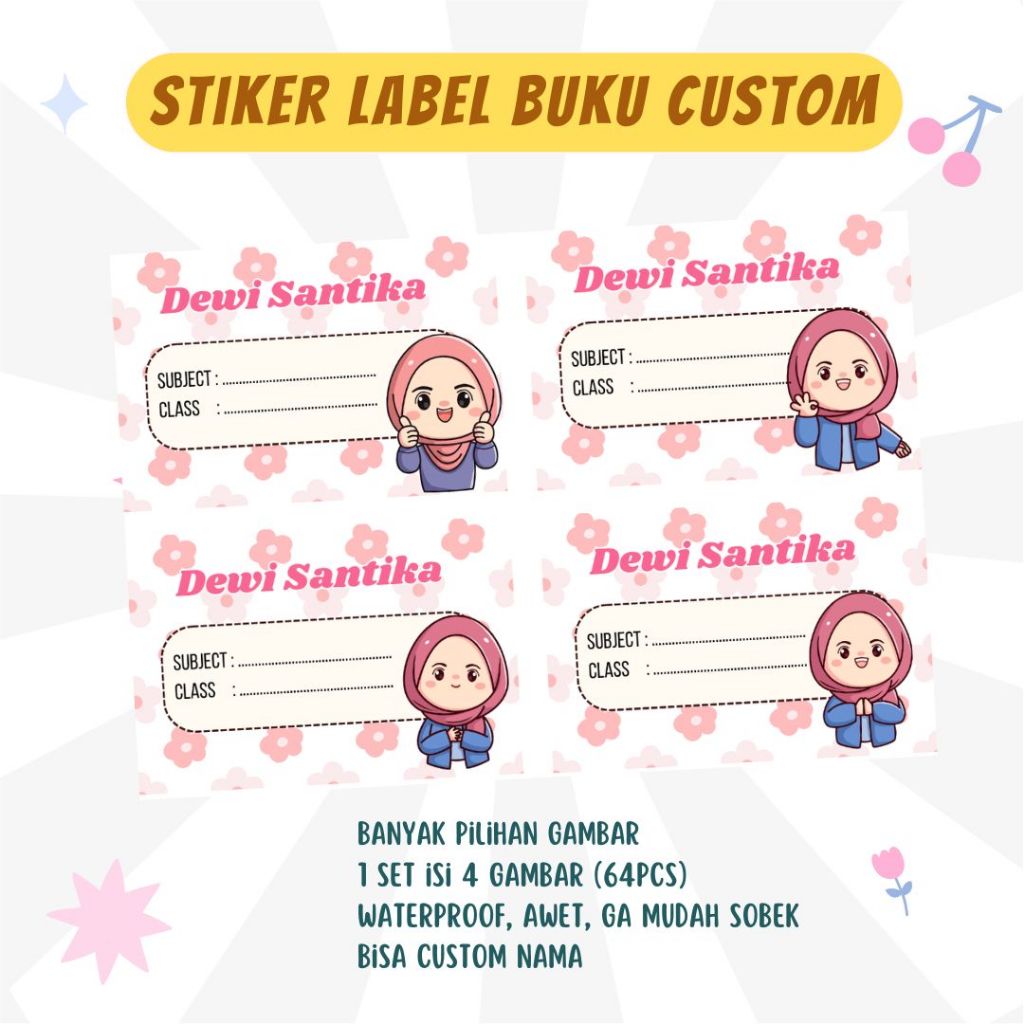 

60PCS Stiker Mapel Nama Buku/ Label Buku Sekolah Laminasi Waterproof Pelajaran Bebas Request Tema Desain, Custom Nama, Bisa Pakai Foto