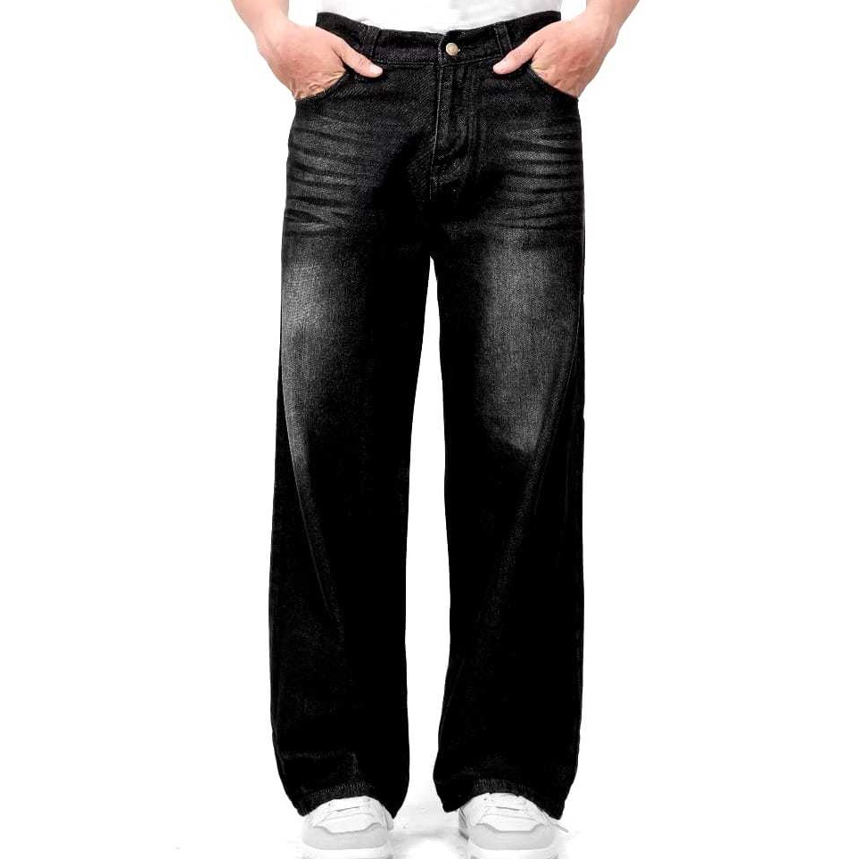 KODE L79G Celana GONDES Celana Jeans Wisker Pria Unisex Wide Leg Lebar Gombrong Skena Black Wisker P