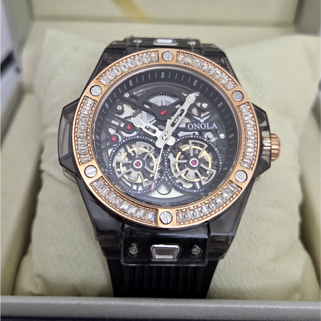 ONOLA Cyclone Jam Tangan Pria Original Automatic Mechanical Skeleton Anti Air Resin Hitam Gold