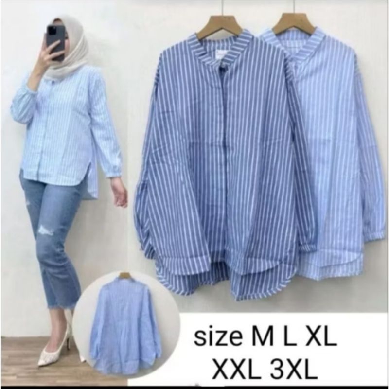BAJU KEMEJA WANITA DEWASA HEM CEWEK CASUAL LENGAN PANJANG MOTIF GARIS MARISA STRIPE KATUN BIRU HITAM