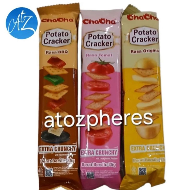 

Krekers kentang rasa asli tomat barbekiu barbekue halal MUI ChaCha Cha Cha ORIGINAL TOMATO BBQ Barbecue Barbeque flavor EXTRA CRUNCHY with Fresh Mashed Potatoes Potato Cracker 35g