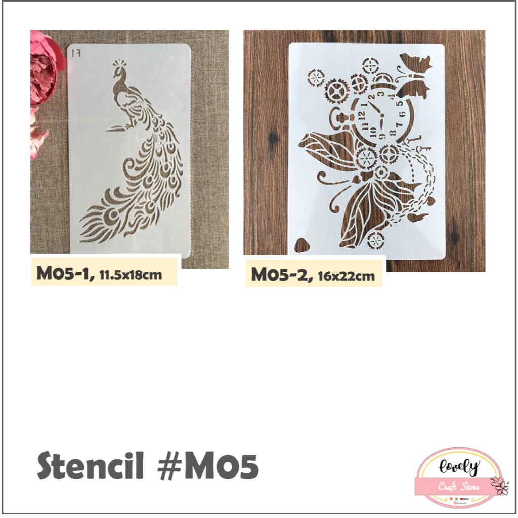 

LovelyCraftStore | M05 - 1pc Plastic Stencil Plastik Stensil Cetakan Stensil Lukis, dekorasi Baking, Journal, Scrapbook, Bujo, Drawing, etc ~ Peacock, Butterfly